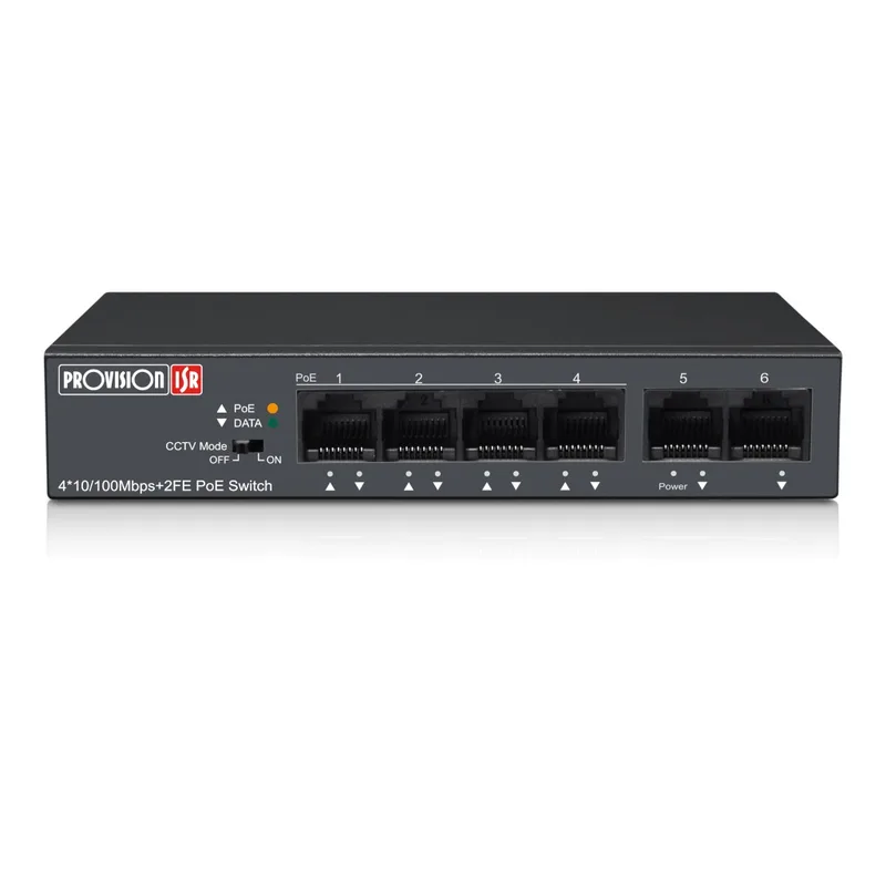 Switch PoE de 4 canales - Total power 60W, en modo CCTV puedes conectar cámaras IP hasta 250 mts PROVISION-ISR POES-0460C+2I-V2