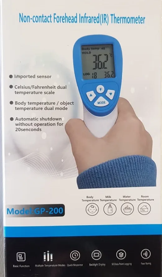 Termómetro Infrarrojo Modelo GP-200 - marca Yobekan. Permite detectar temperatura humana por vía infrarrojo, funciona con baterías AA (No incluidas)
